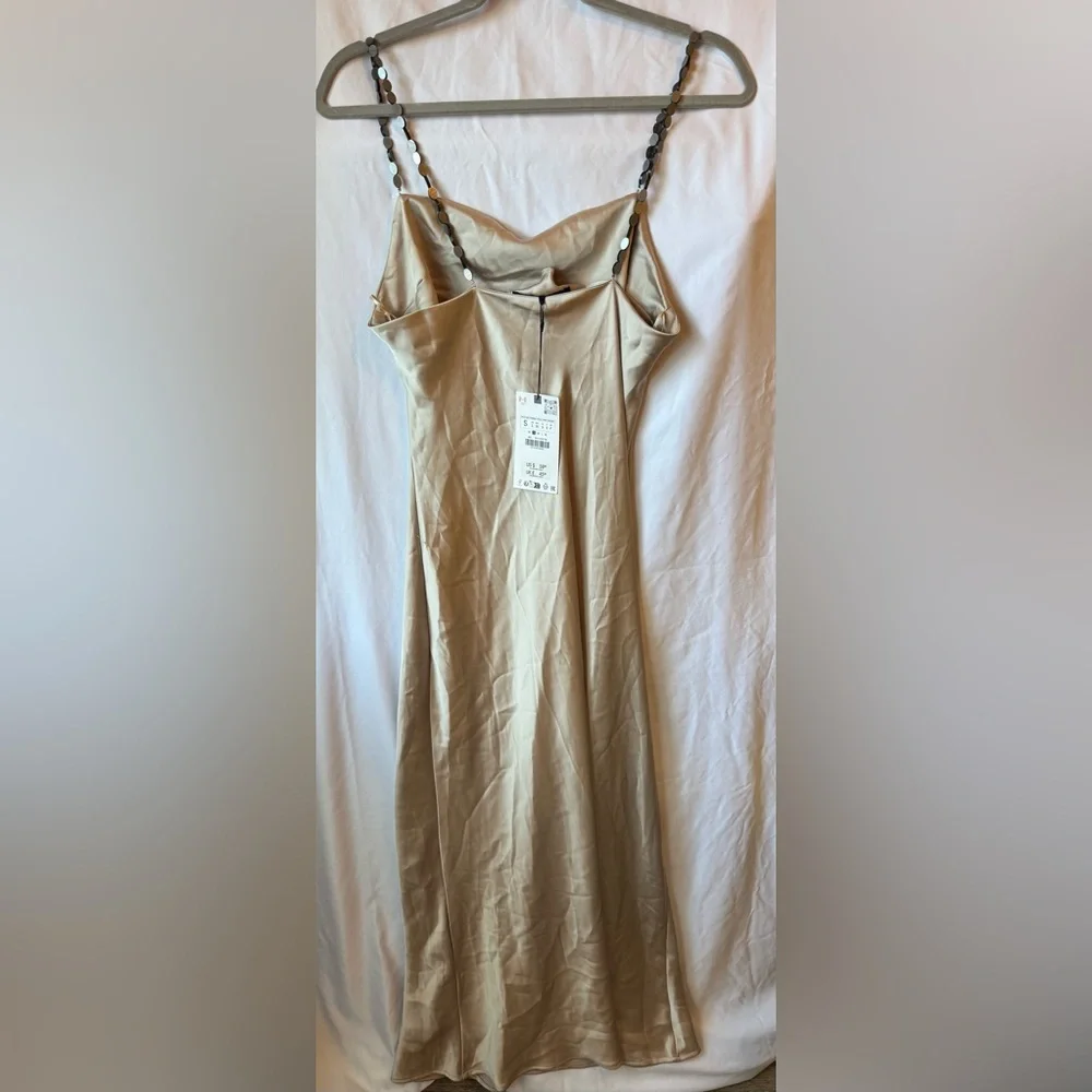 ZARA Champagne Satin Slip Dress Size S Beaded Straps Midi Elegant
